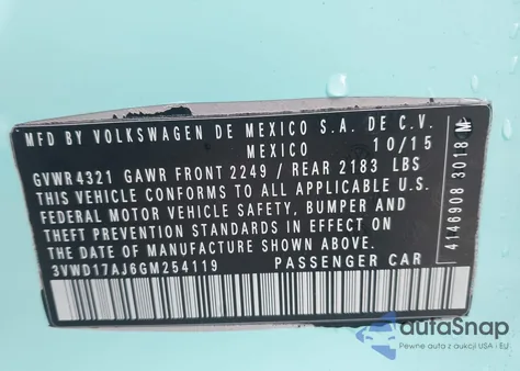 2016 Volkswagen Jetta 1.8T Sport z USA, uszkodzony, nr VIN 3VWD17AJ6GM254119